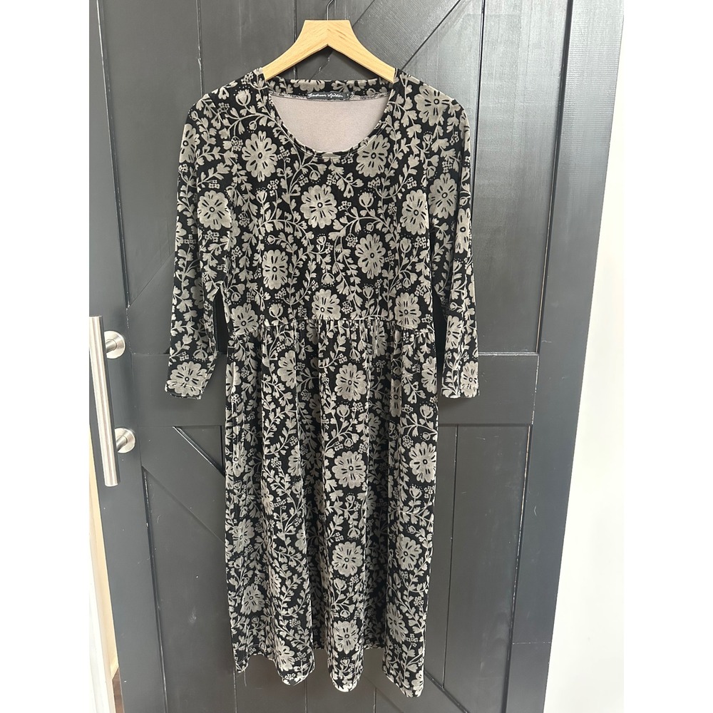 Gudrun Sjoden Floral Velour Midi Dress Organic Cotton Black Grey Size S